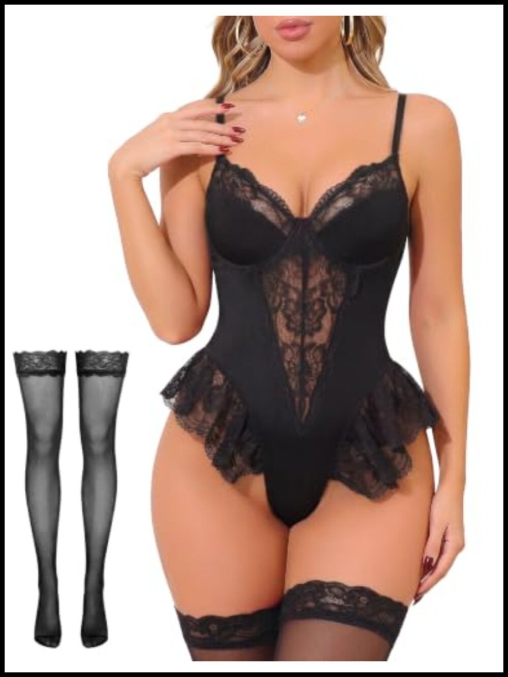 Women Lace Teddy Bodysuit Underwired Babydoll with Mesh Stockings